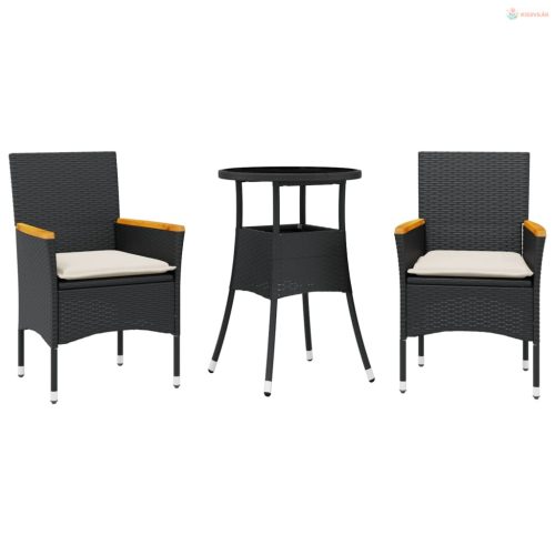 3 részes fekete polyrattan/üveg kerti étkezőgarnitúra párnákkal