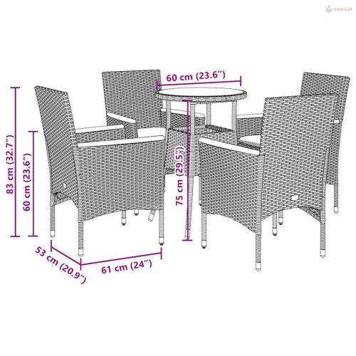 5 részes szürke polyrattan/üveg kerti étkezőgarnitúra párnával