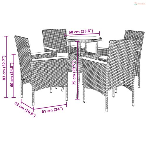 5 részes bézs polyrattan/üveg kerti étkezőgarnitúra párnákkal
