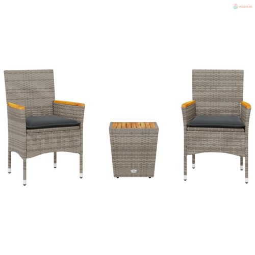 3 részes szürke polyrattan/üveg bisztrógarnitúra párnákkal