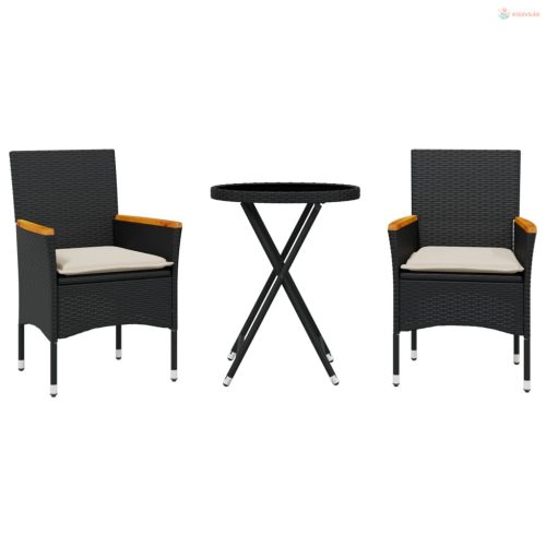 3 részes fekete polyrattan/üveg bisztrógarnitúra párnával