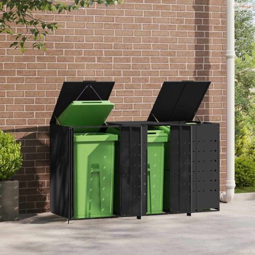 Fekete acél kerekes tároló 3 szemeteskukához 207 x 79 x 117 cm