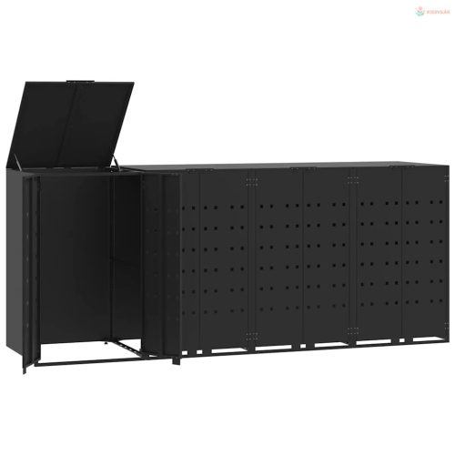 Fekete acél kerekes tároló 4 szemeteskukához 276 x 79 x 117 cm