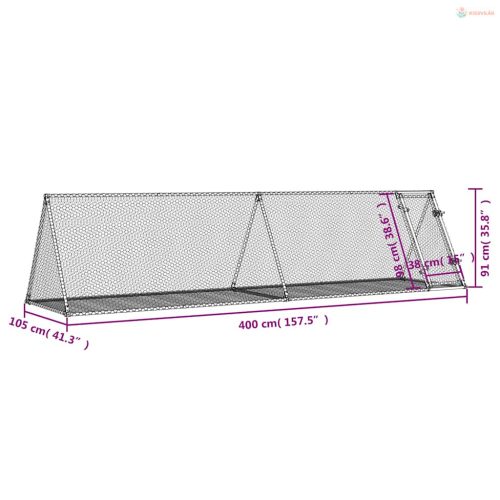 Szürke horganyzott acél nyúlketrec 400 x 105 x 91 cm