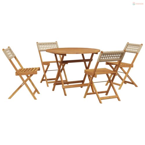 5 részes bézs polyrattan és tömör fa kerti étkezőgarnitúra