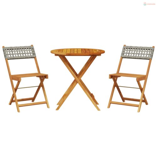 3 részes szürke polyrattan és tömör fa bisztrószett