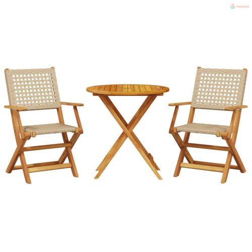 3 részes bézs polyrattan és tömör fa bisztrószett