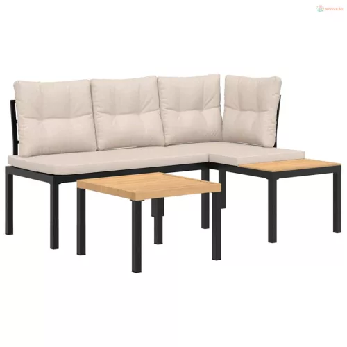 3 részes fekete porszórt acél kerti padszett párnákkal