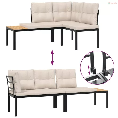 3 részes fekete porszórt acél kerti padszett párnákkal