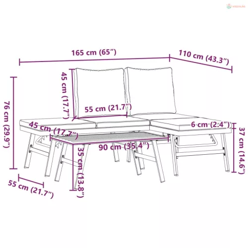 3 részes fekete porszórt acél kerti pad szett párnával