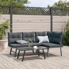 3 részes fekete porszórt acél kerti pad szett párnával