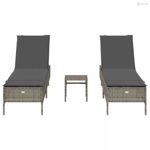 3 részes szürke polyrattan napozóágy szett párnával