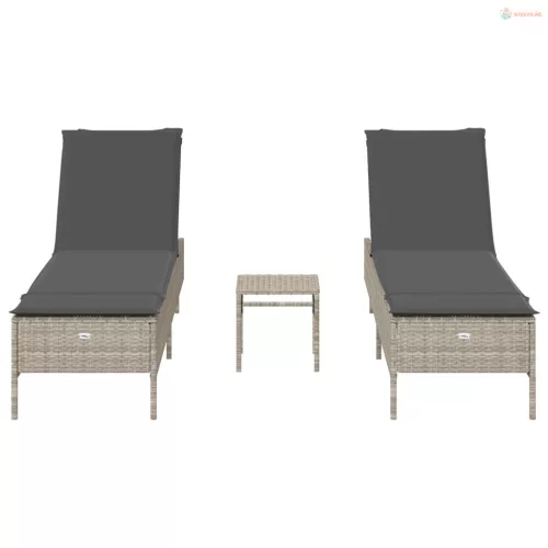 3 részes világosszürke polyrattan napozóágy szett párnával