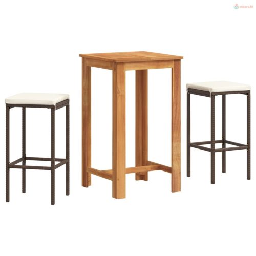 3 részes barna tömör akácfa és polyrattan kerti bárszett