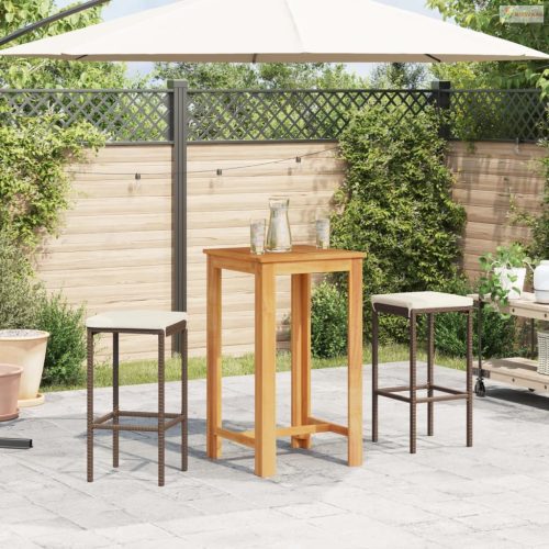 3 részes barna tömör akácfa és polyrattan kerti bárszett