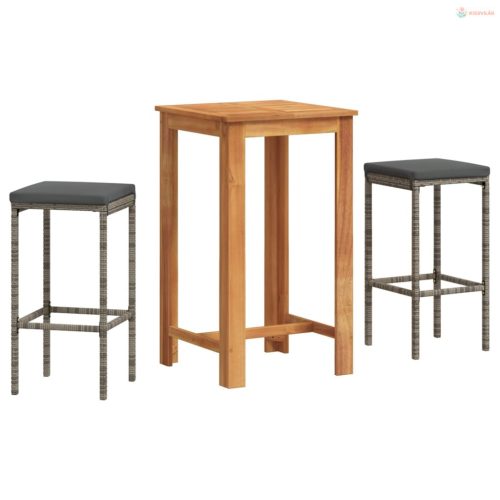 3 részes szürke tömör akácfa és polyrattan kerti bárszett