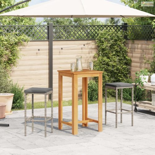 3 részes szürke tömör akácfa és polyrattan kerti bárszett