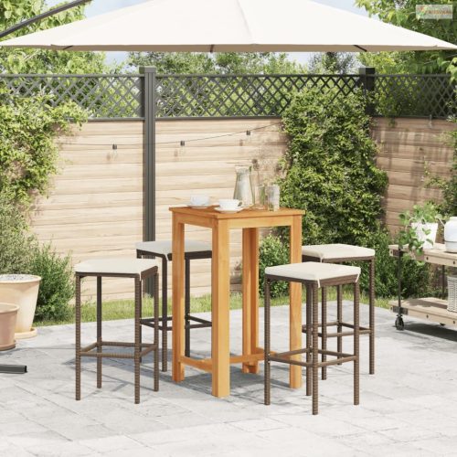 5 részes barna tömör akácfa és polyrattan kerti bárszett