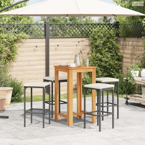 5 részes fekete tömör akácfa és polyrattan kerti bárszett