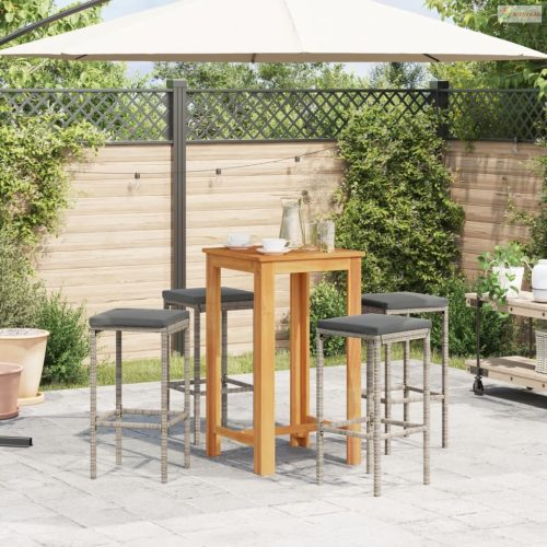 5 részes szürke tömör akácfa és polyrattan kerti bárszett