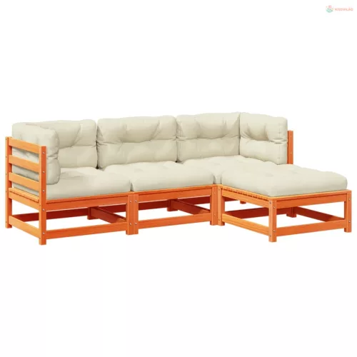 4 részes viaszbarna tömör fenyőfa kerti ülőgarnitúra párnával