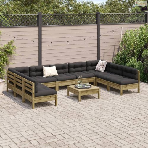 10 részes impregnált fenyőfa kerti kanapészett párnákkal