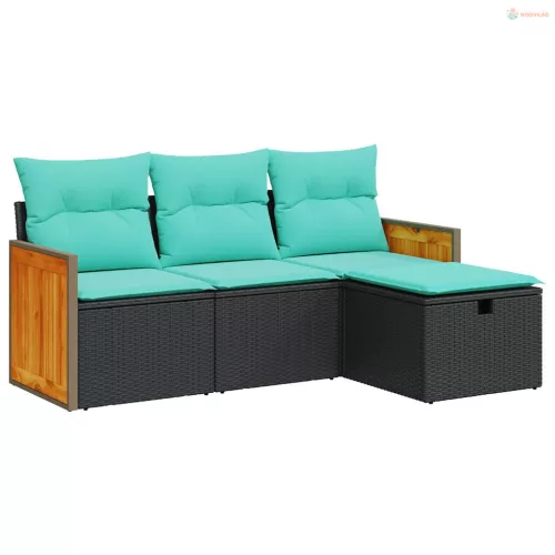 4 részes fekete polyrattan kerti ülőgarnitúra párnákkal