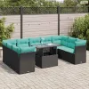 10 részes fekete polyrattan akácfa kerti ülőgarnitúra párnákkal