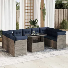   10 részes szürke polyrattan akácfa kerti ülőgarnitúra párnákkal