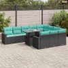 11 részes fekete polyrattan akácfa kerti ülőgarnitúra párnákkal