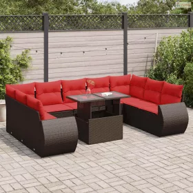   10 részes barna polyrattan akácfa kerti ülőgarnitúra párnákkal