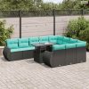 11 részes fekete polyrattan akácfa kerti ülőgarnitúra párnákkal