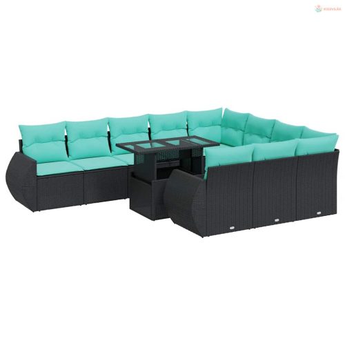 11 részes fekete polyrattan akácfa kerti ülőgarnitúra párnákkal