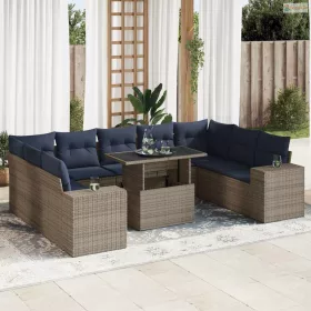   10 részes szürke polyrattan akácfa kerti ülőgarnitúra párnákkal