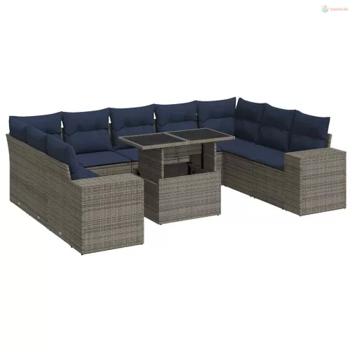 10 részes szürke polyrattan akácfa kerti ülőgarnitúra párnákkal