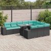 11 részes fekete polyrattan akácfa kerti ülőgarnitúra párnákkal