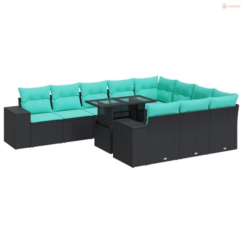 11 részes fekete polyrattan akácfa kerti ülőgarnitúra párnákkal