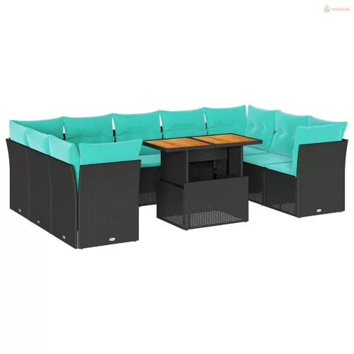 10 részes fekete polyrattan kerti ülőgarnitúra párnákkal