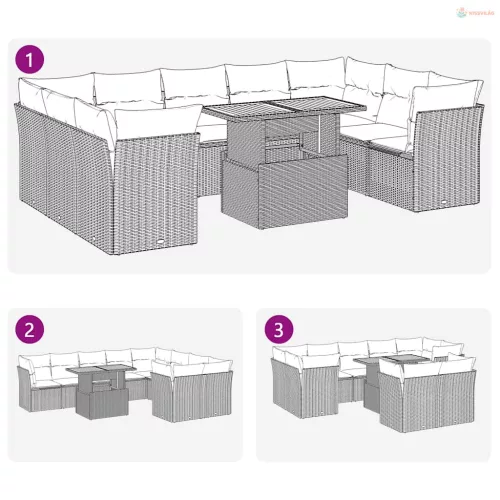 10 részes fekete polyrattan kerti ülőgarnitúra párnákkal