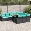 11 részes fekete polyrattan kerti ülőgarnitúra párnákkal