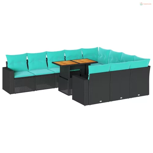 11 részes fekete polyrattan kerti ülőgarnitúra párnákkal