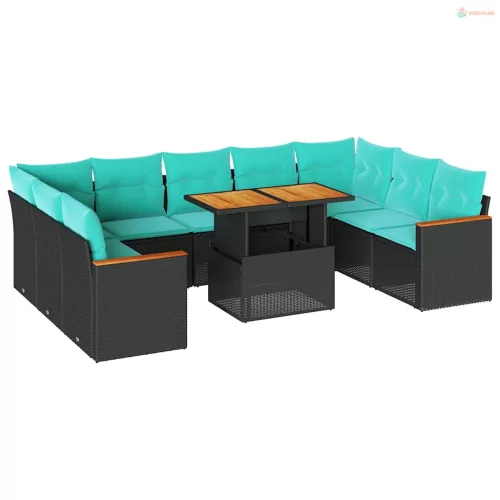 10 részes fekete polyrattan kerti ülőgarnitúra párnákkal