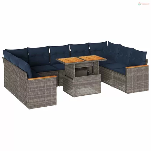 10 részes szürke polyrattan kerti ülőgarnitúra párnákkal