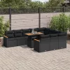11 részes fekete polyrattan akácfa kerti ülőgarnitúra párnákkal