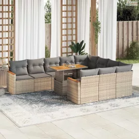   11 részes bézs polyrattan akácfa kerti ülőgarnitúra párnákkal