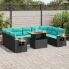 10 részes fekete polyrattan akácfa kerti ülőgarnitúra párnákkal