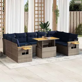   10 részes szürke polyrattan akácfa kerti ülőgarnitúra párnákkal