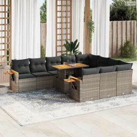   11 részes szürke polyrattan akácfa kerti ülőgarnitúra párnákkal