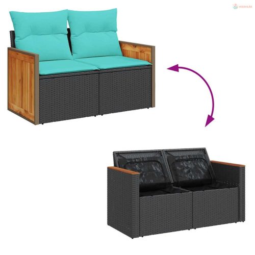 11 részes fekete polyrattan akácfa kerti ülőgarnitúra párnákkal