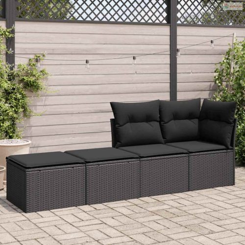 2 részes fekete polyrattan akácfa kerti ülőgarnitúra párnával